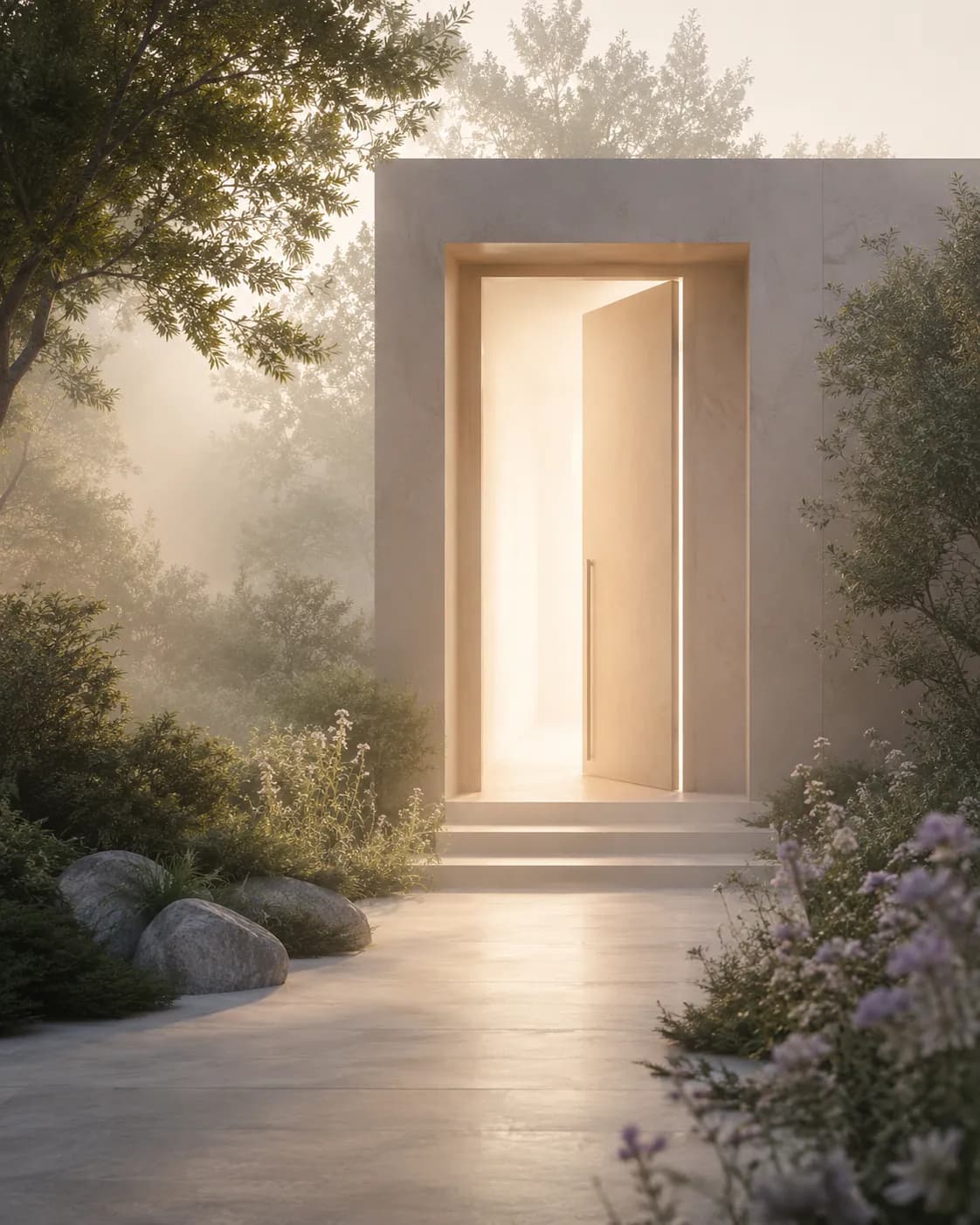 A closer, quieter view of a glowing open doorway framed by garden foliage, mist, and warm morning light