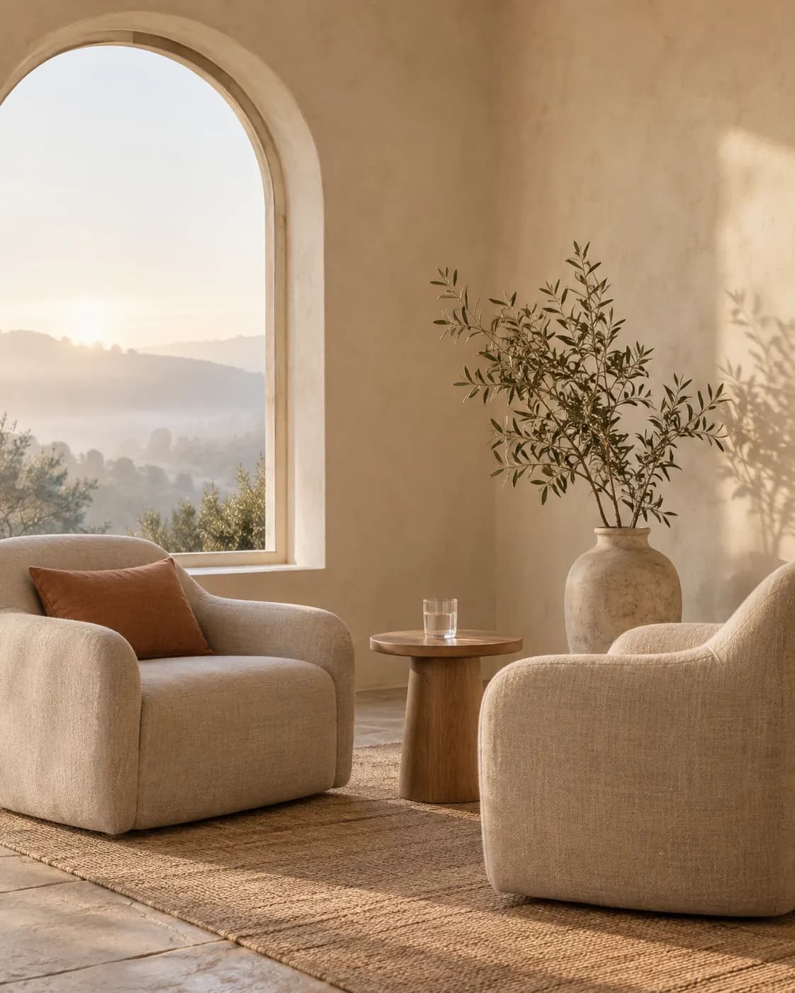 Two linen armchairs angled toward each other by an arched window in morning light