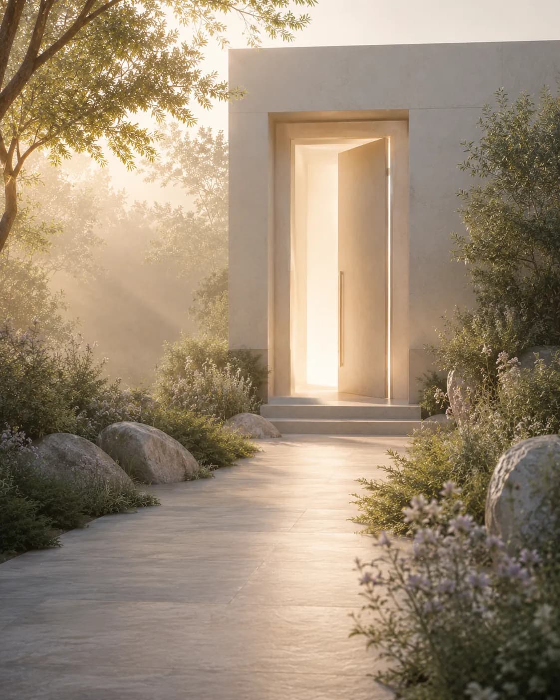 A sunlit garden path leading to a tall open modern doorway, with soft mist, trees, rocks, and wildflowers