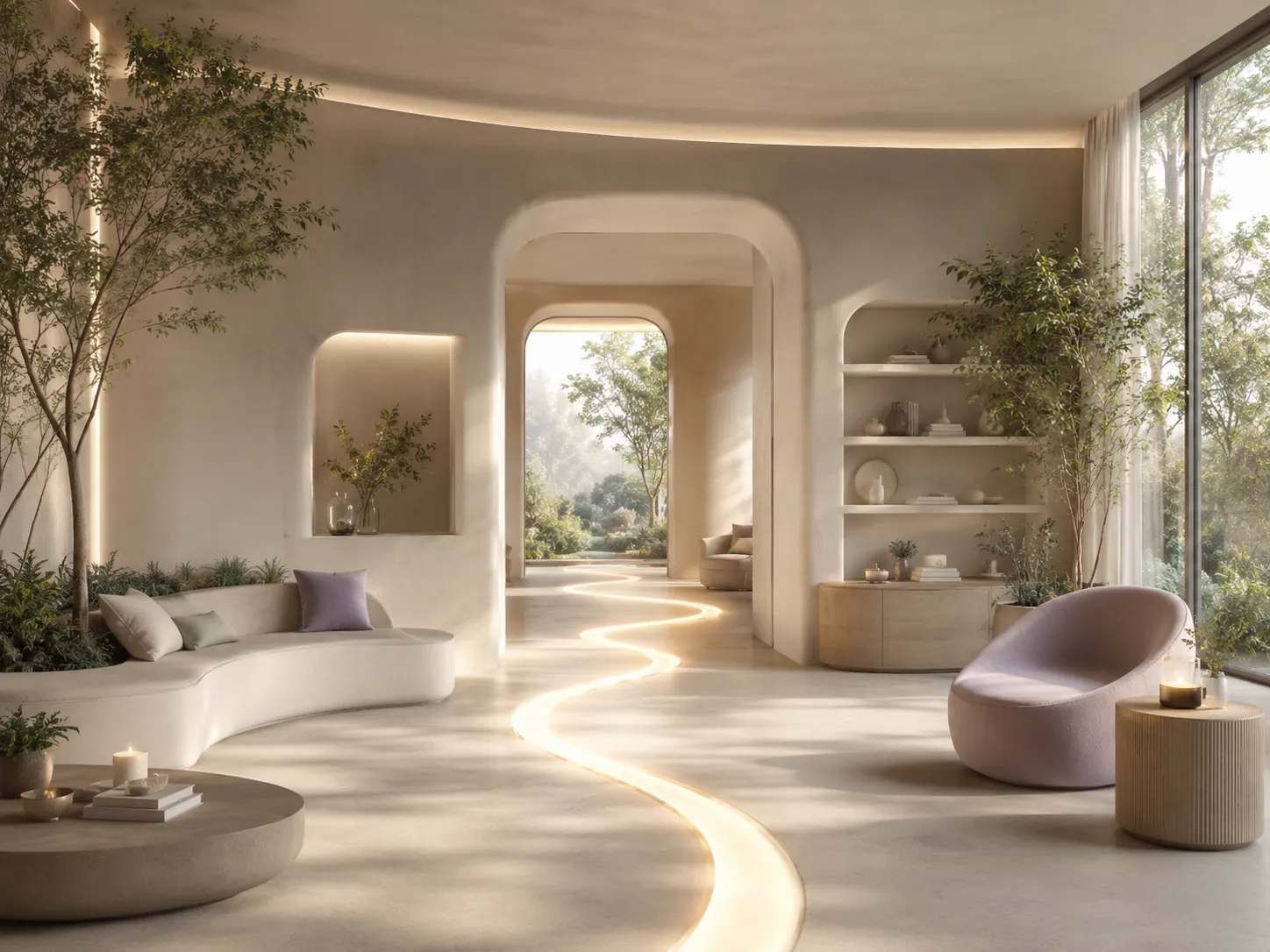 A warm, plant-filled support room with soft seating and a glowing path